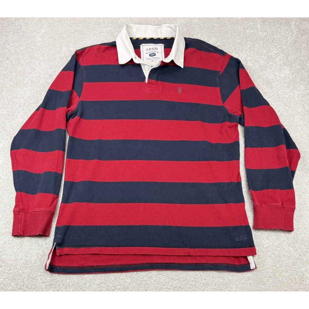 Vintage IZOD Rugby Shirt Men's XL Red Blue Striped Preppy Heavy Streetwear Y2K